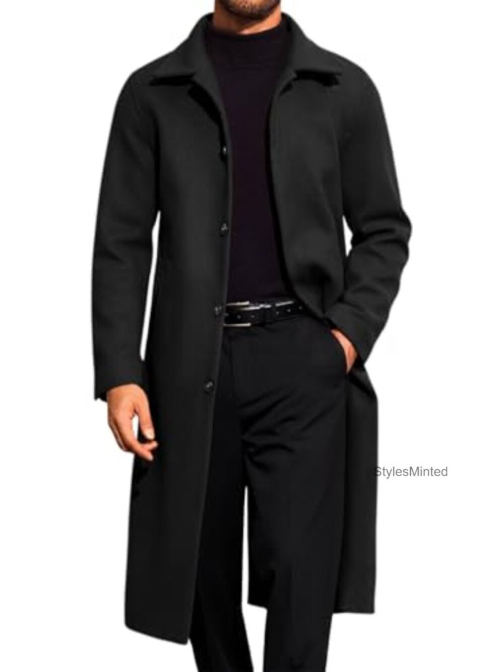 Men's Long Trench Coat Single Breasted Lapel Winter Peacoat Wool Blend Overcoat